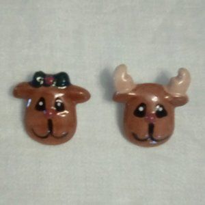 Handmade, ceramic reindeer Christmas holiday earrings